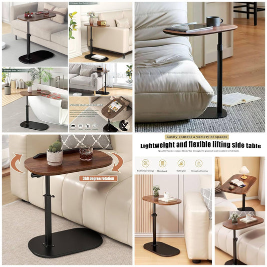 Collage of a adjustable side table in various settings with a sofa.