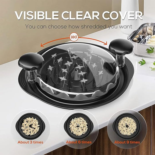 Shredder with clear cover on a kitchen counter, showing different shredding levels.