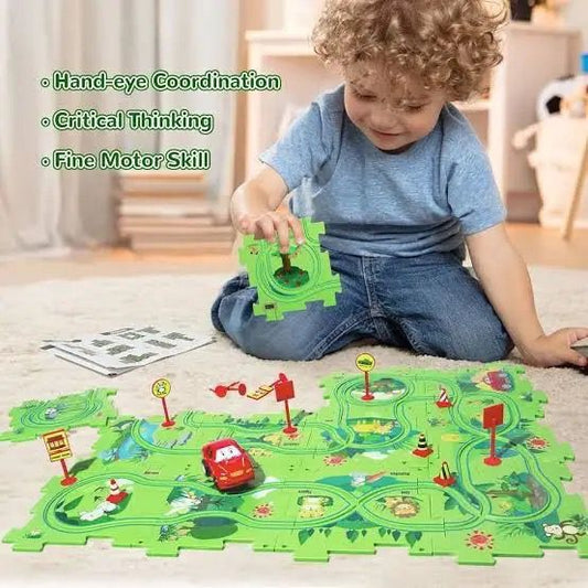 Child playing with a toy road mat and car, focusing on hand-eye coordination and critical thinking.
