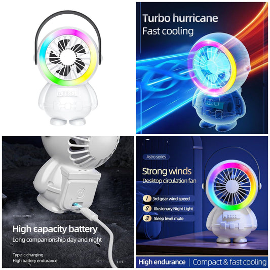 Portable Handheld Fan with cute astronaut design and colorful LED lights