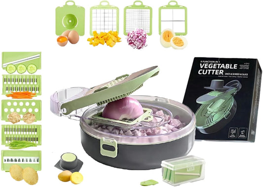 Vegetable cutter with accessories and packaging on a white background