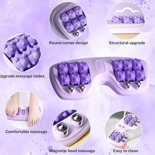 Purple foot massager with features highlighted on a purple background
