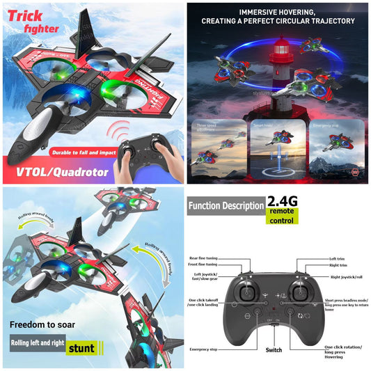 Collage of a air plane toy drone with remote control, highlighting features like VTOL/Quadrotor and 2.4G remote control.
