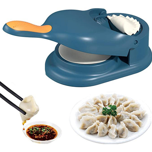 Dumpling maker with dumplings on a plate and dipping sauce