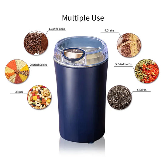Blue spice grinder with images of various spices and grains around it on a white background.