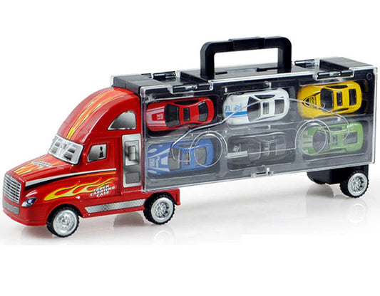 Red toy truck with transparent container holding smaller toy cars on a white background