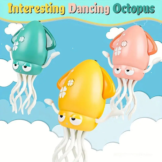 Three colorful octopus toys for kids in green, yellow, and pink against a blue sky background with clouds.