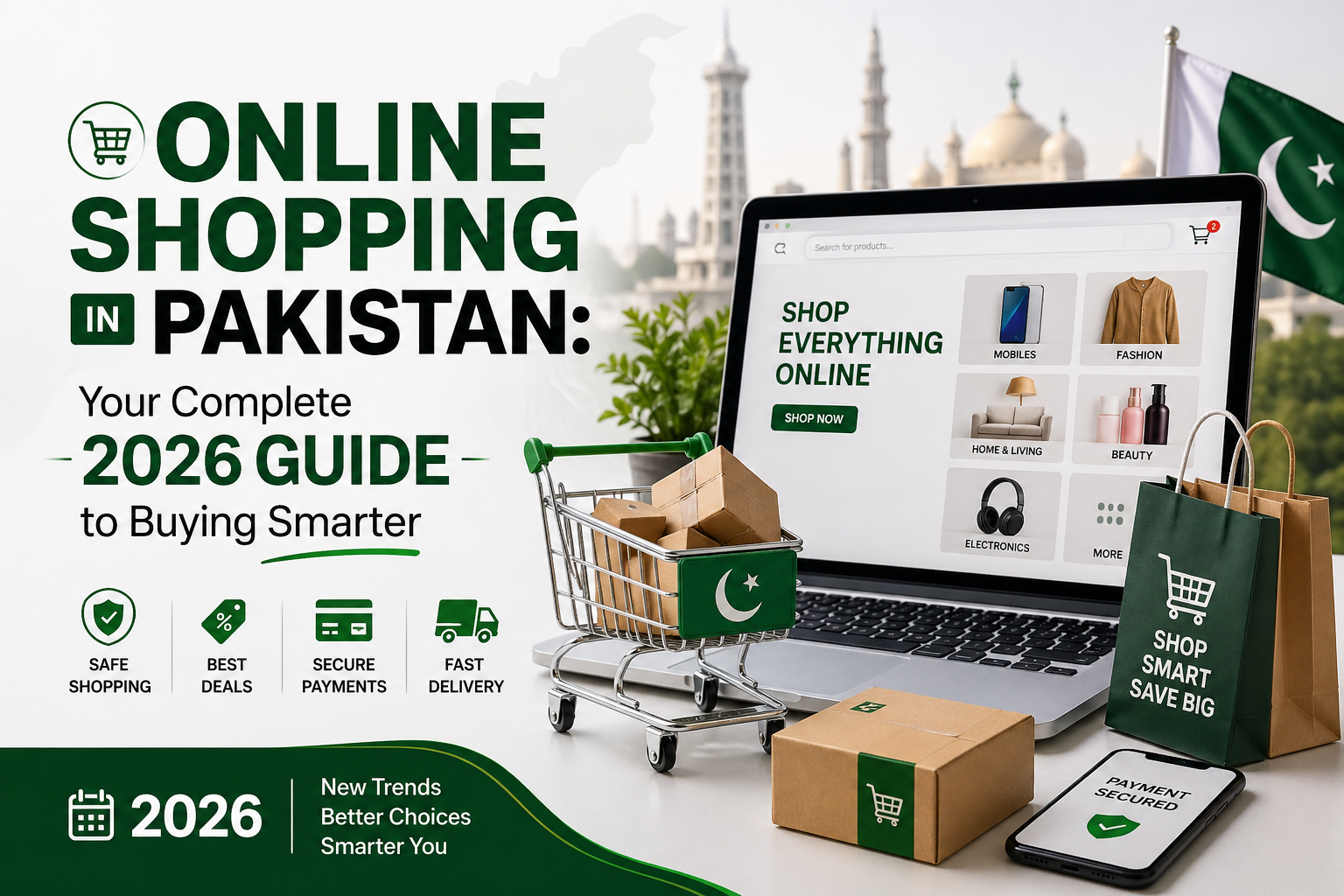 Modern featured image for “Online Shopping in Pakistan – Your Complete 2026 Guide to Buying Smarter” showing a laptop with an online store, shopping cart, delivery boxes, secure payment mobile screen, and Pakistan flag with green ecommerce-themed design.