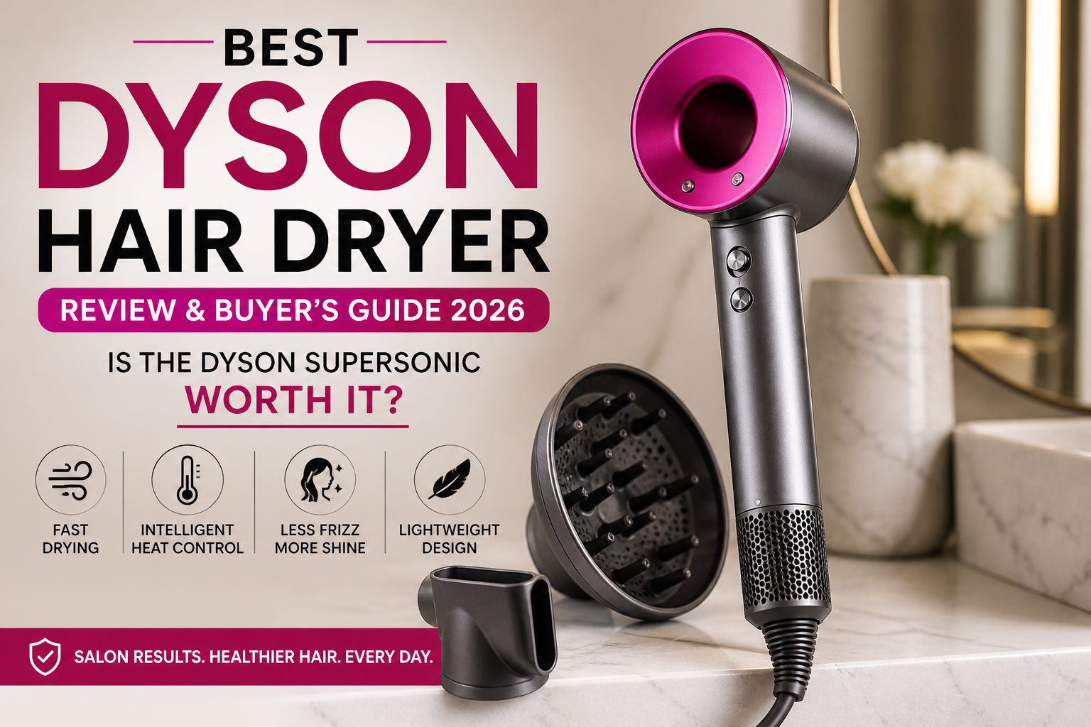 Best Dyson Supersonic hair dryer featured image showing sleek design with magnetic attachments, fast drying, intelligent heat control, and lightweight professional styling tool in a modern bathroom setting