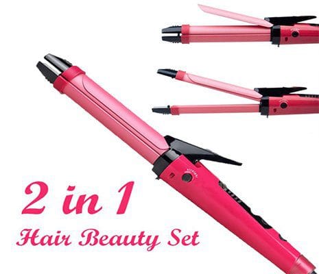 Pink 2-in-1 hair styling tool on a white background with text '2 in 1 Hair Beauty Set'.