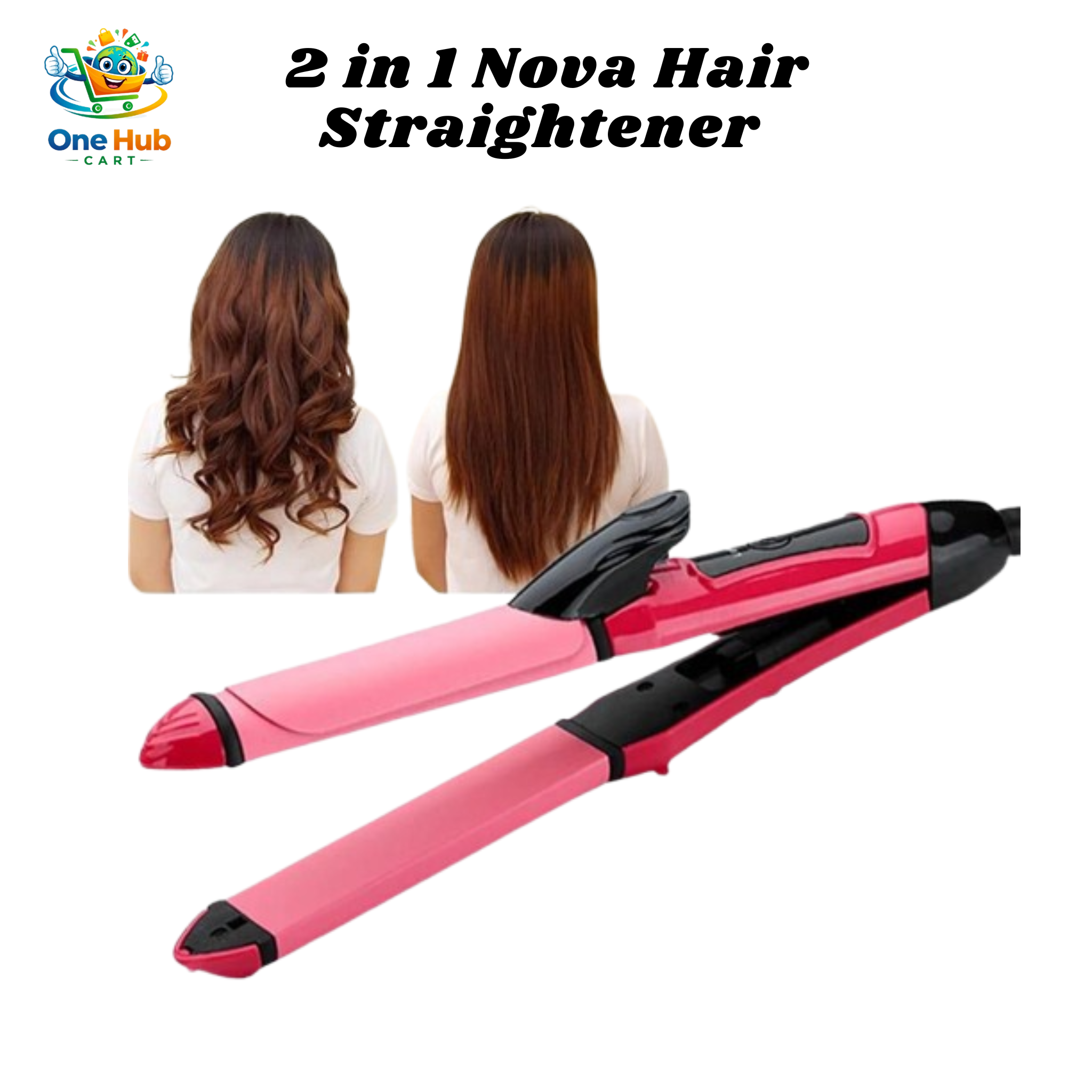 Pink and black 2-in-1 Nova Hair Straightener with before and after hair images on a white background.