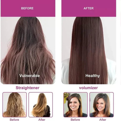 Before and after comparison of hair treatment results with a woman's hair shown.