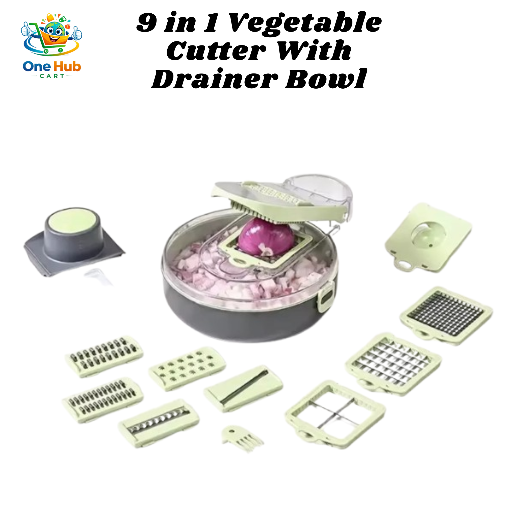 9-in-1 vegetable cutter with drainer bowl and detachable parts on a white background
