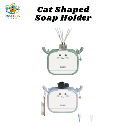 Cat-shaped soap holder with accessories on a white background