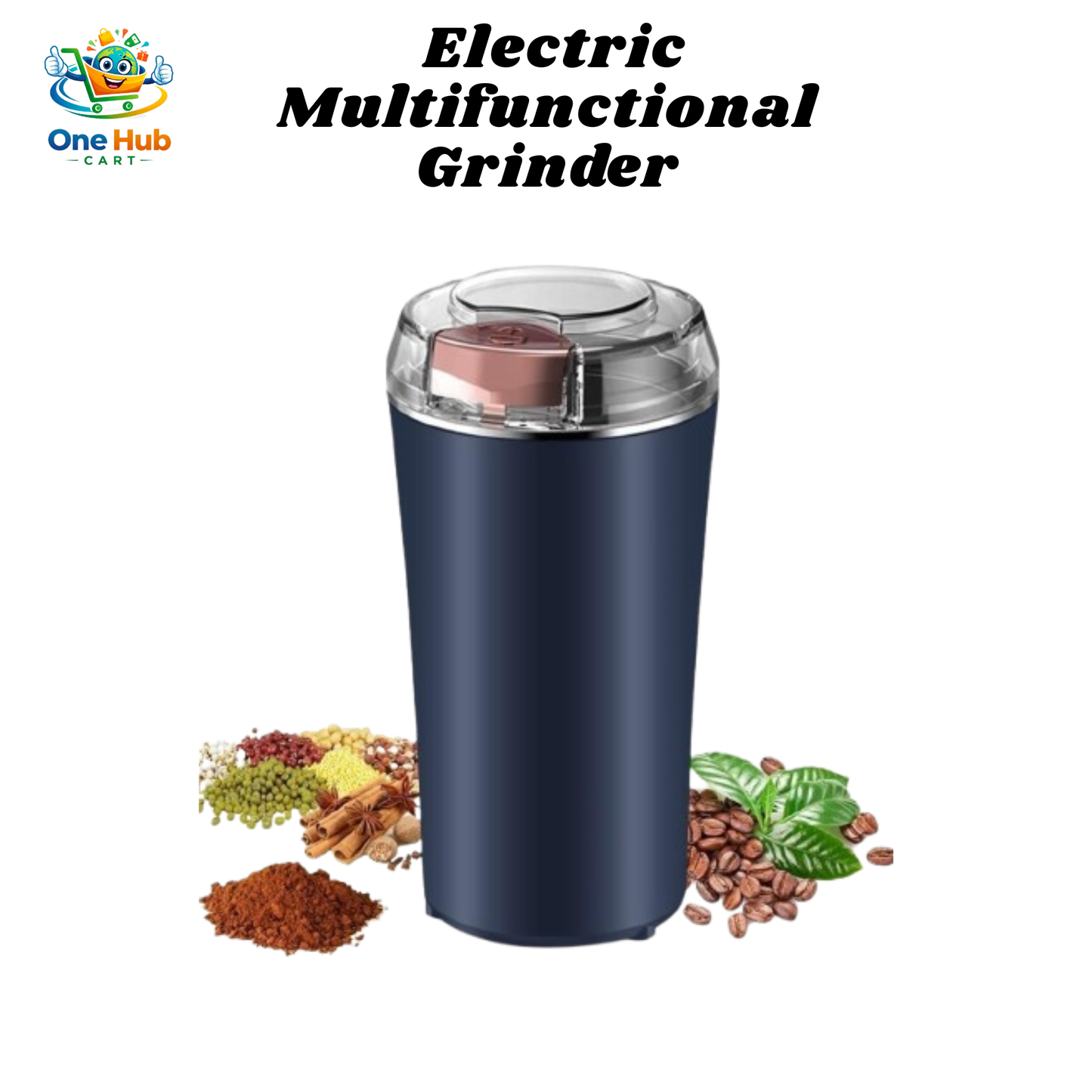 Electric multifunctional grinder with ingredients on a white background
