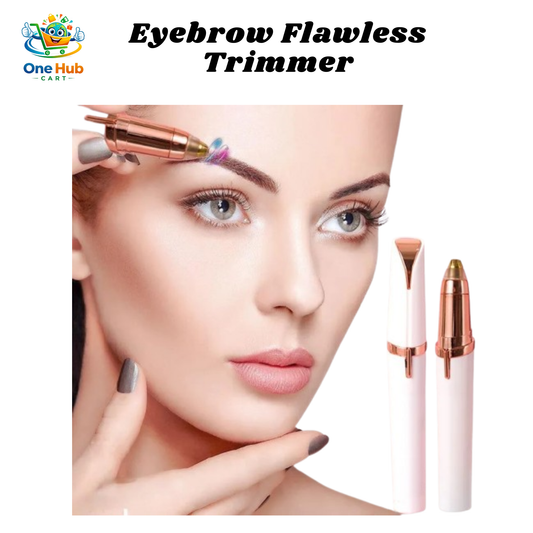 Eyebrow Flawless Trimmer with a woman using it on her face, branded as One Hub Cart.