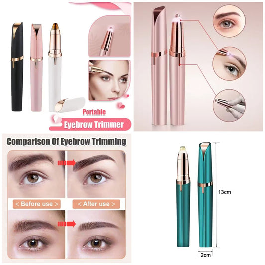 Eyebrow trimmer with comparison before and after use, size measurement, and product details.