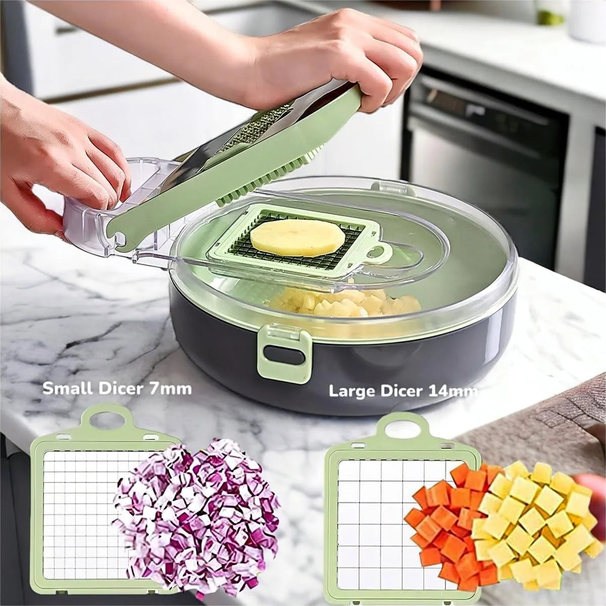 Kitchen dicer with interchangeable blades on a marble countertop