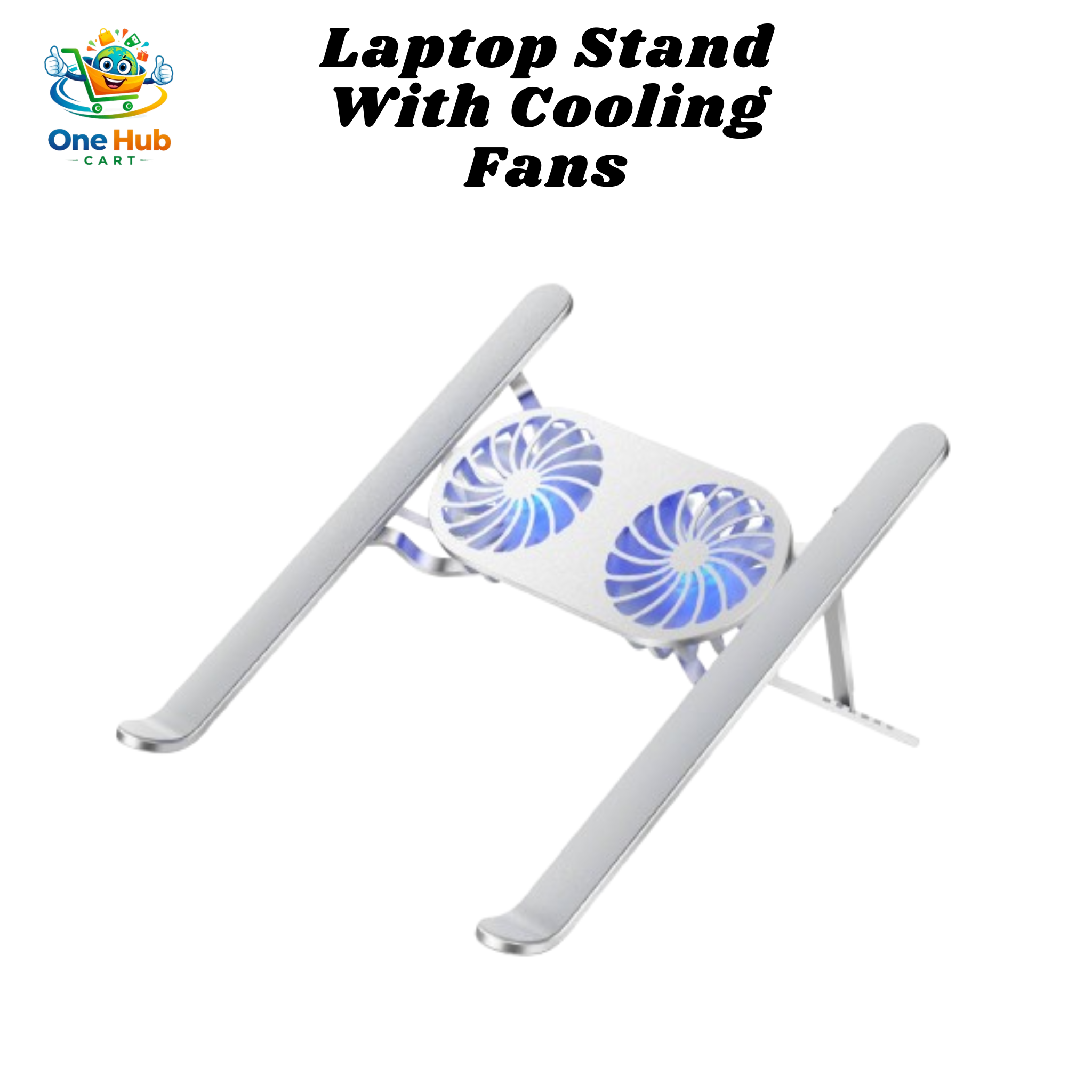 Laptop stand with cooling fans on a white background, branded as OneHub Cart.