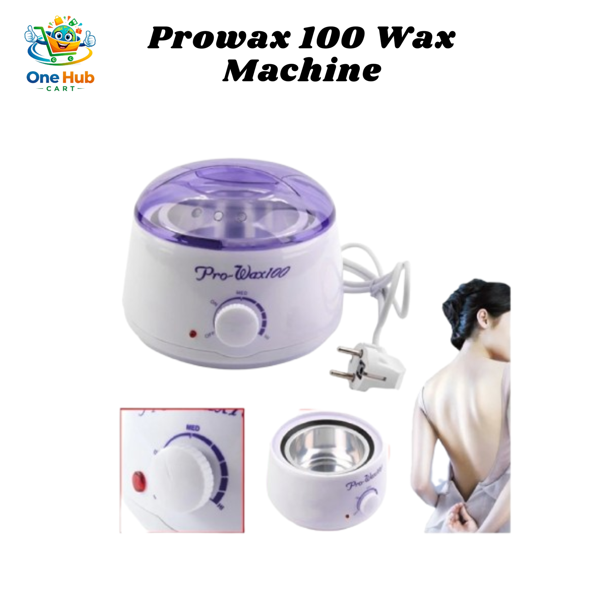 Prowax 100 Wax Machine with control knob and plug, and a person receiving wax treatment.