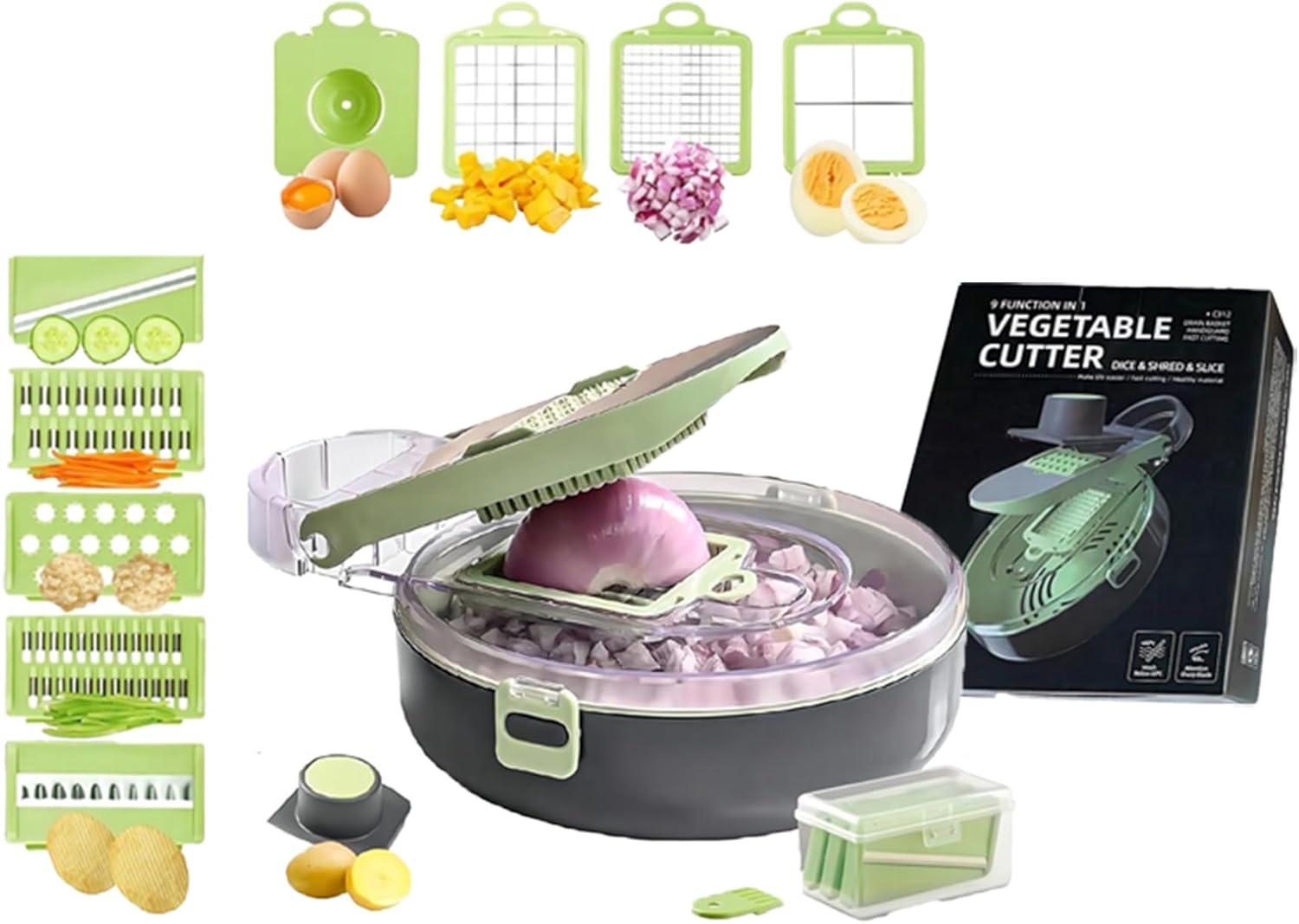 Vegetable cutter with accessories and packaging on a white background