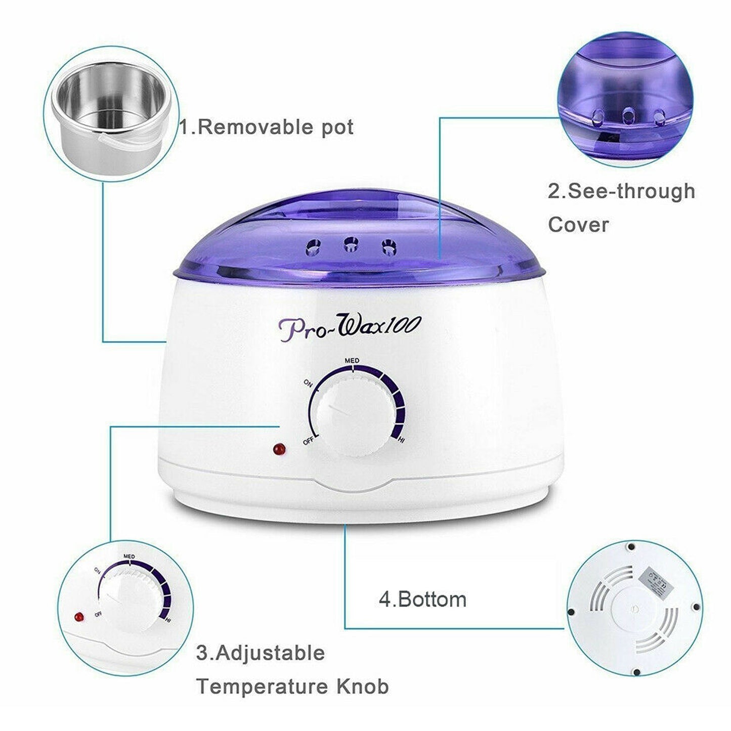 Wax warmer machine with labeled parts on a white background