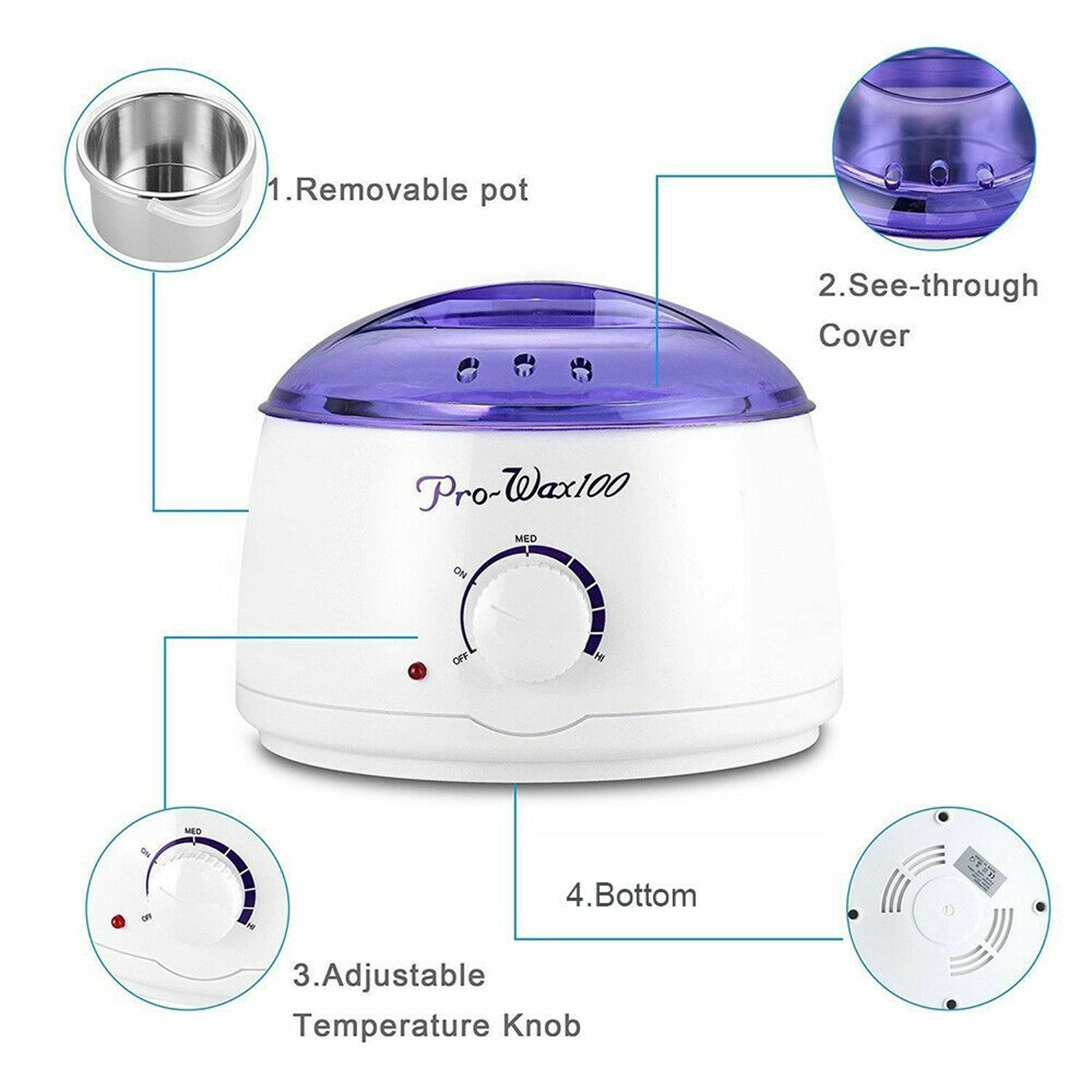 Wax warmer machine with labeled parts on a white background
