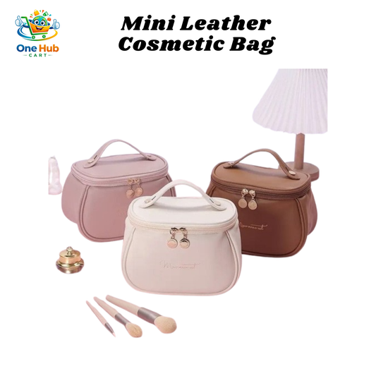 Mini leather cosmetic bags in pink, beige, and brown with makeup brushes on a white background.