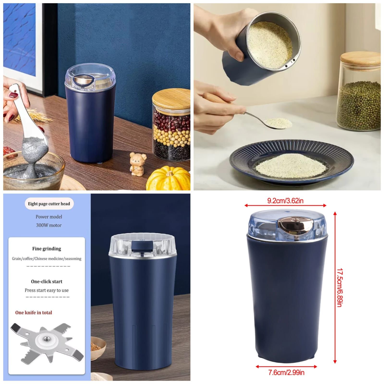 Collage of a blue coffee grinder with usage examples and specifications.