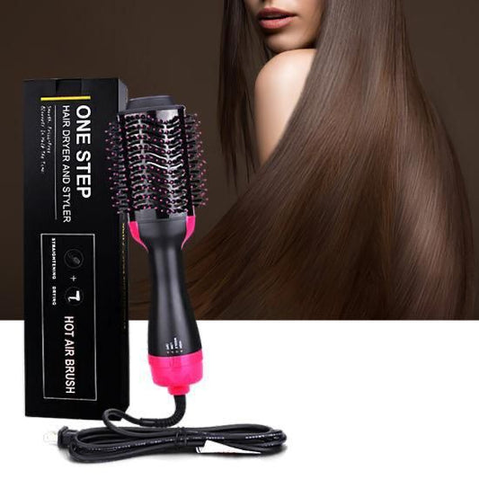Hair dryer and styling tool with packaging and a model with long hair.