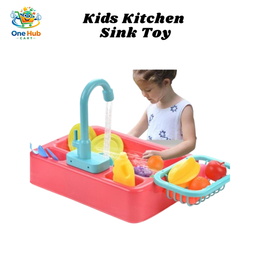 Children's kitchen sink toy set with a girl playing with it, featuring colorful play fruits and vegetables.