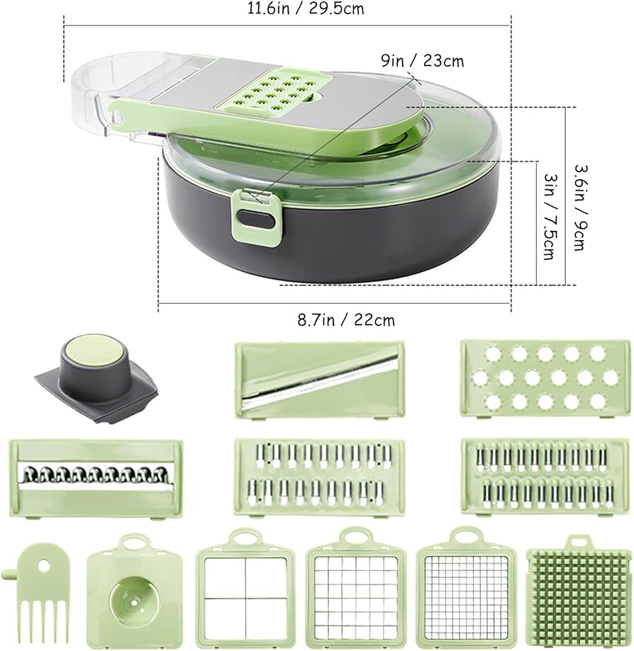 Green kitchen slicer with various attachments and dimensions displayed