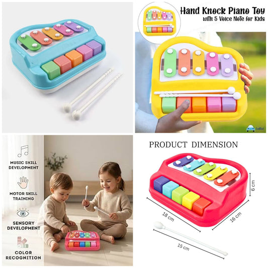 Colorful hand knock piano toy with sticks, shown in various settings including a child playing.