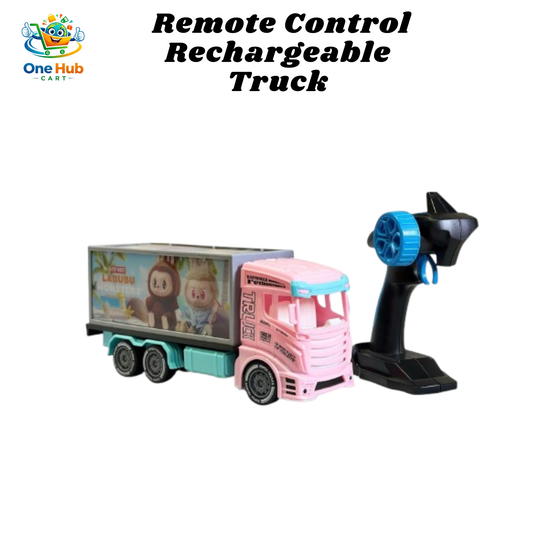 Remote control rechargeable toy truck with pink body and teal trailer on a white background.