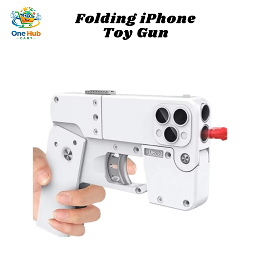 White toy gun with red accents held by a hand on a white background, branded 'One Hub Cart'.