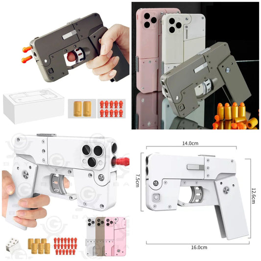 Collage of a toy guns for kids with attachments, phone cases, and measurements.