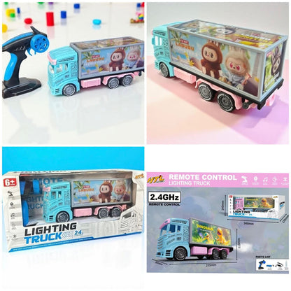 Collage of a toy truck with remote control, packaging, and specifications.