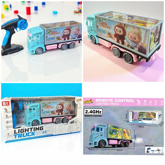 Collage of a toy truck with remote control, packaging, and specifications.