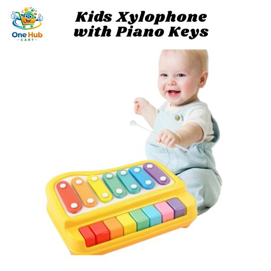 Child playing with a colorful xylophone with piano keys on a white background